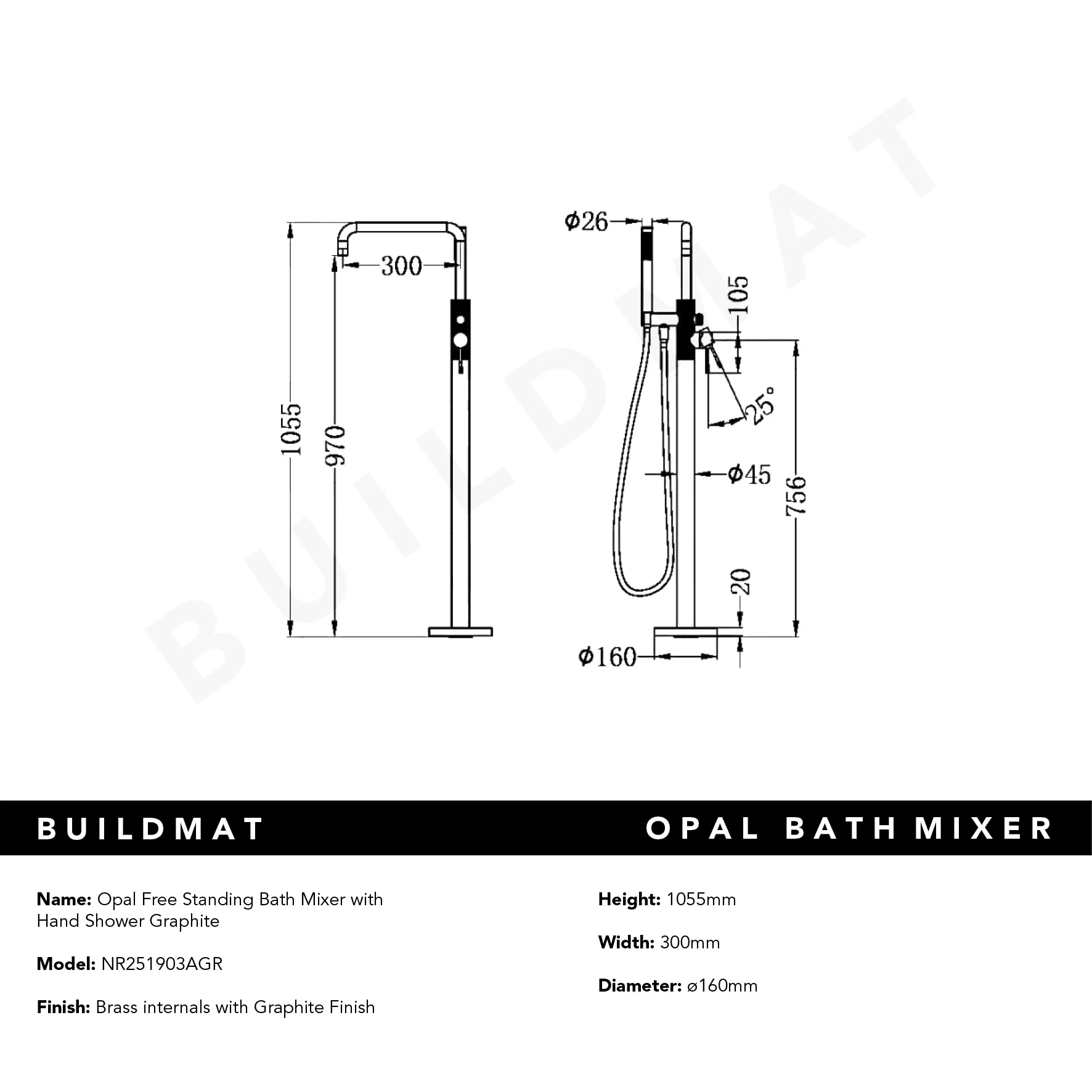 Nero Opal Free Standing Bath Mixer with Hand Shower Graphite - Image 5