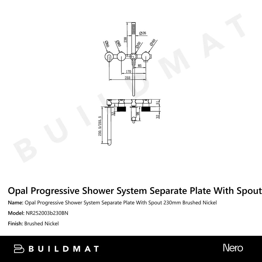 Nero Opal Progressive Shower System Separate Plate With Spout 230mm Brushed Nickel - Image 4