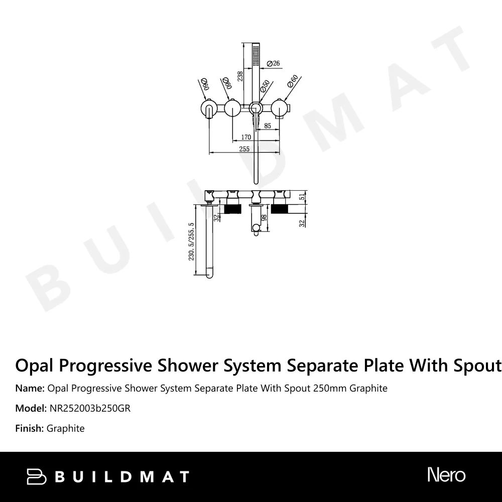 Nero Opal Progressive Shower System Separate Plate With Spout 250mm Graphite - Image 4