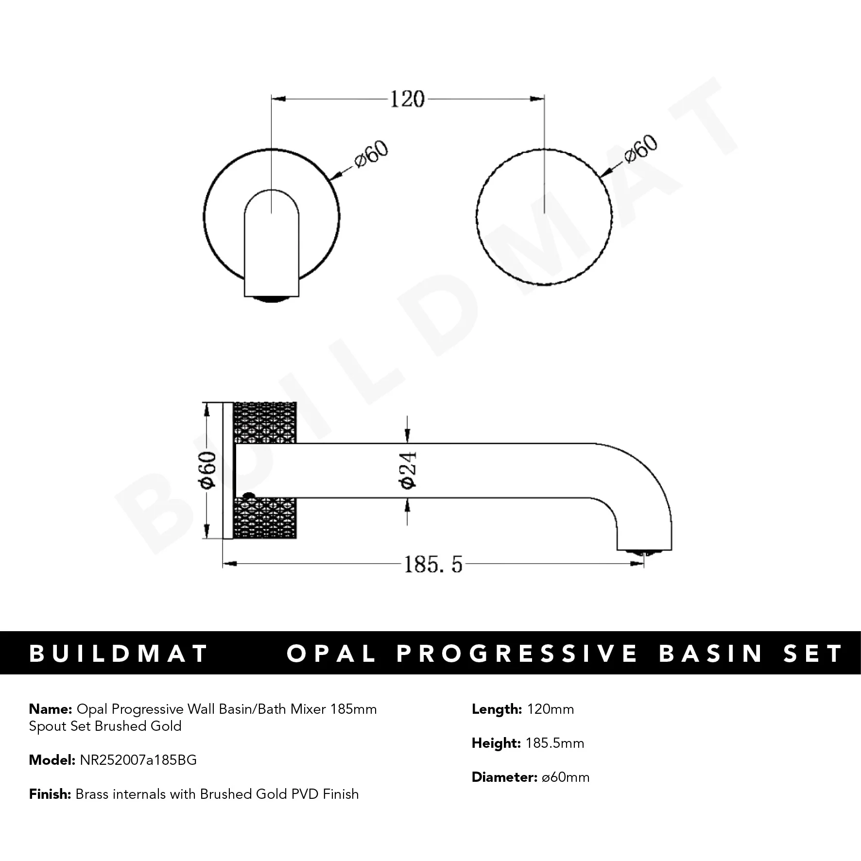 Nero Opal Progressive Wall Basin/Bath Set 185mm Spout Brushed Gold - Image 5