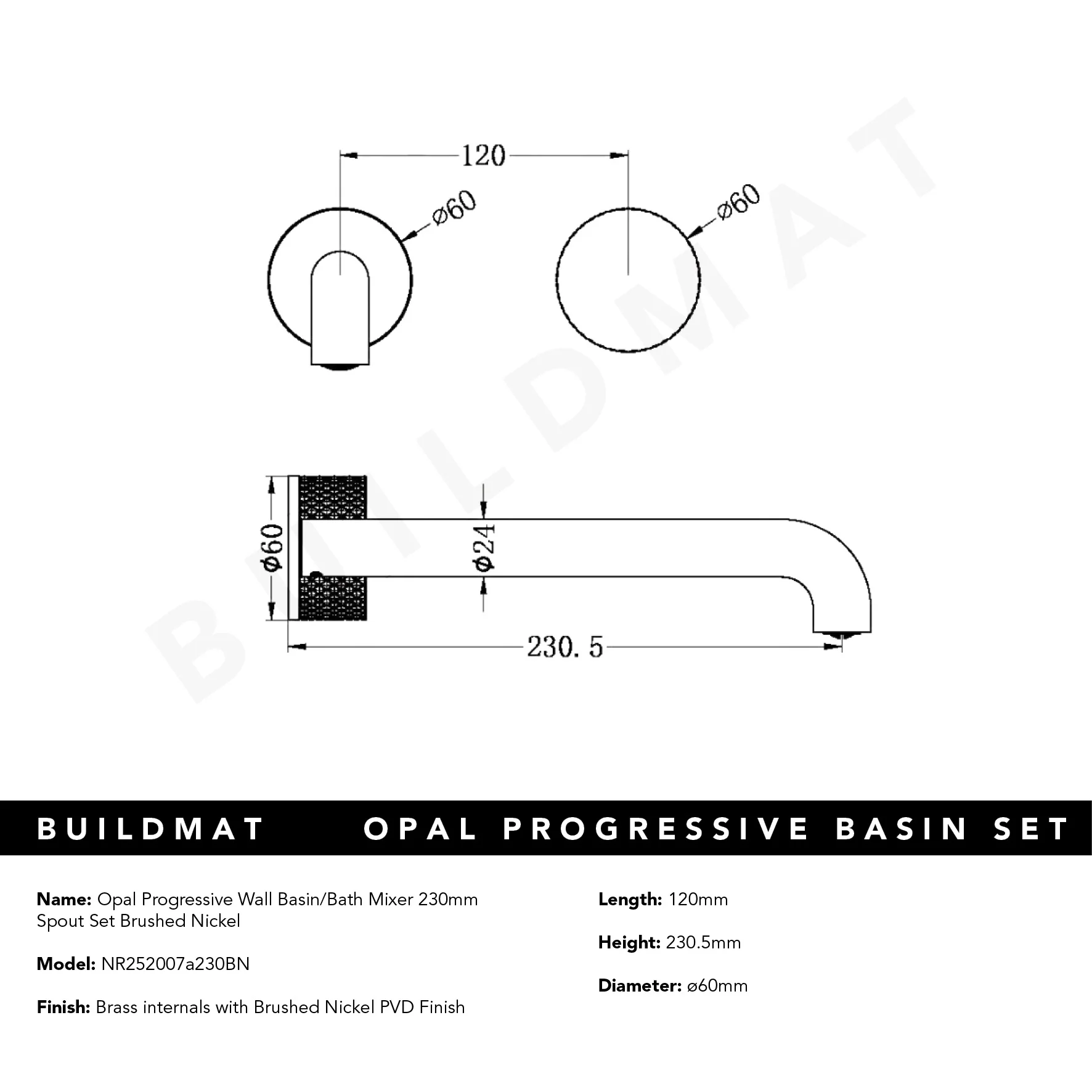 Nero Opal Progressive Wall Basin/Bath Set 230mm Spout Brushed Nickel - Image 5
