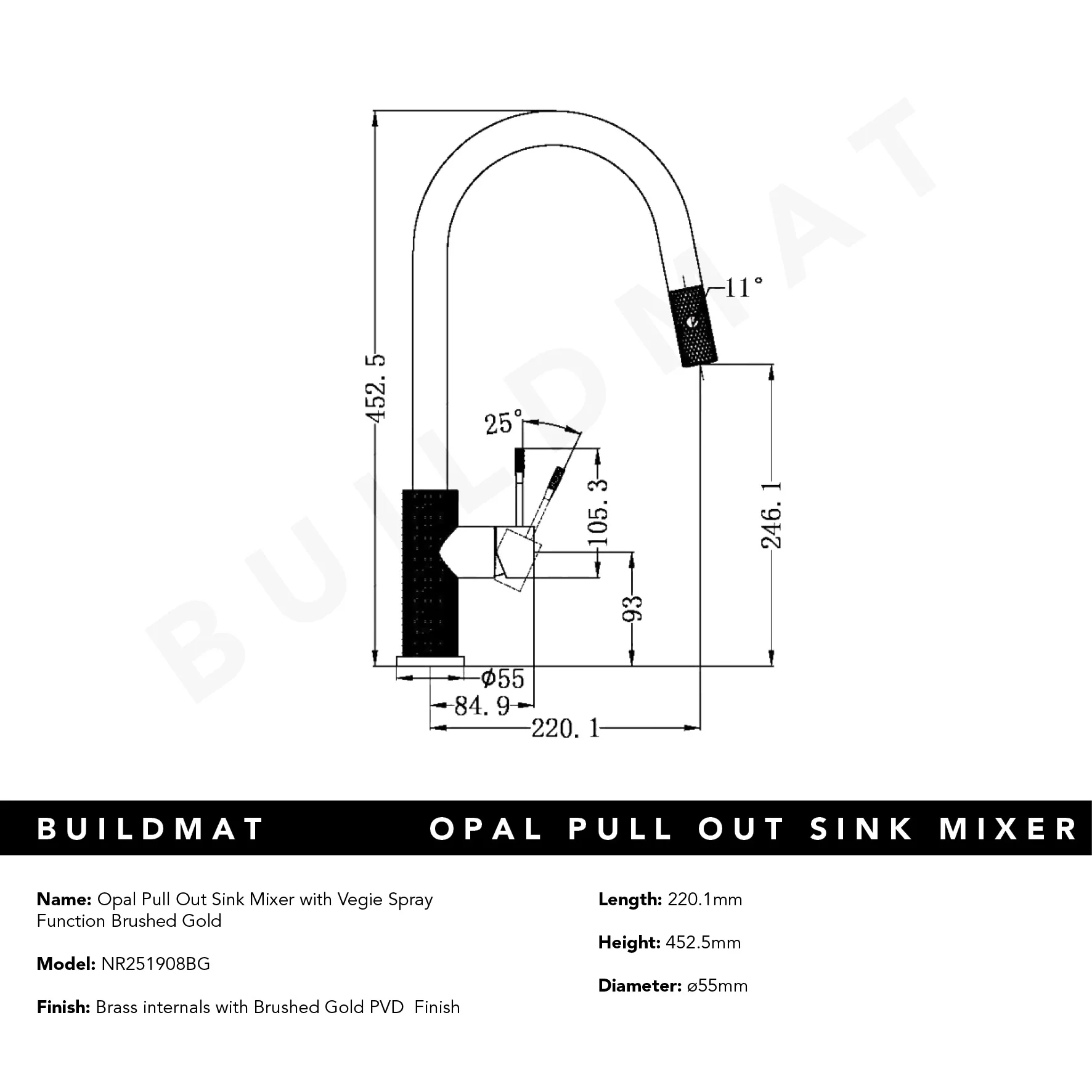Nero Opal Pull-Out Sink Mixer Brushed Gold - Image 6