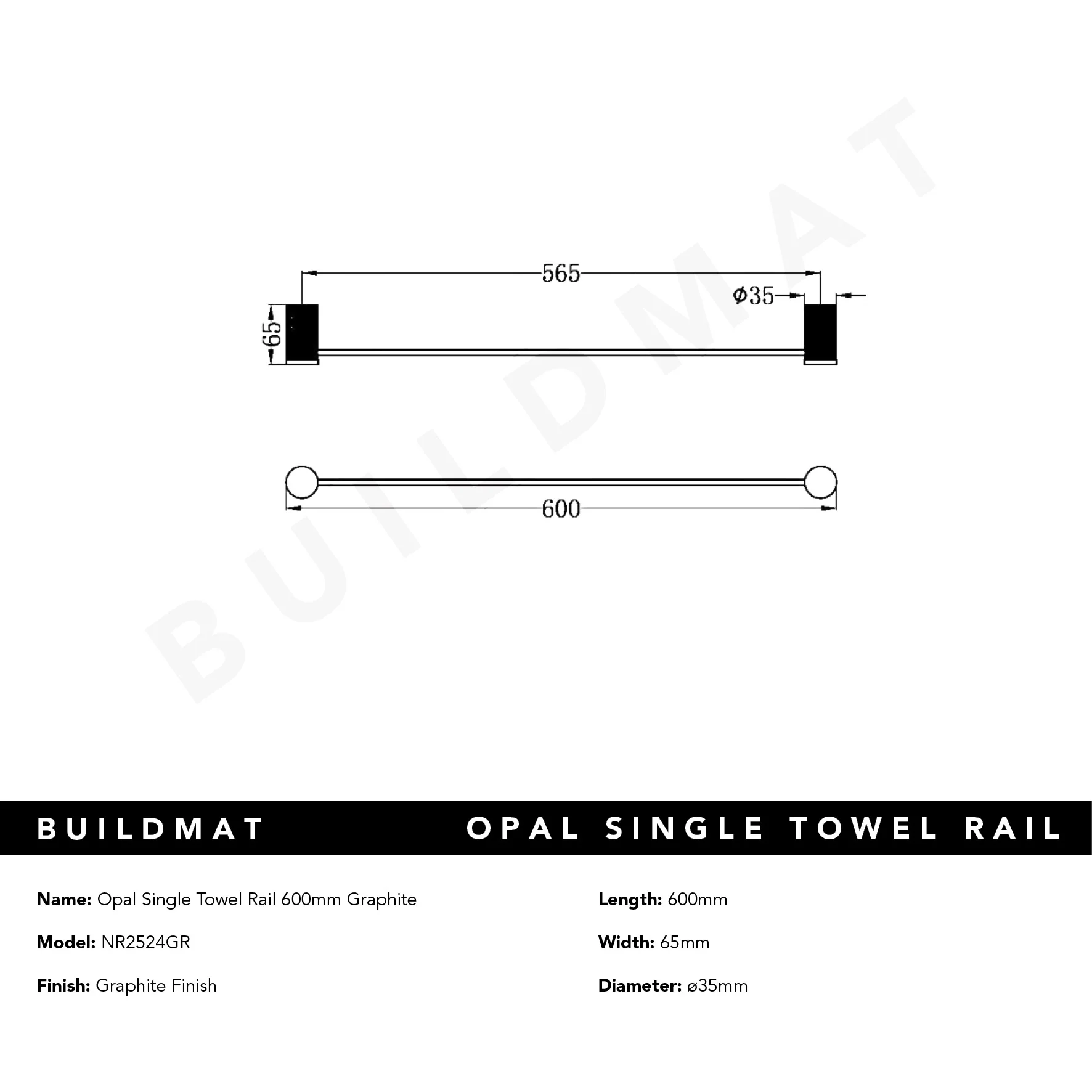 Nero Opal Single Towel Rail 600mm Graphite - Image 5