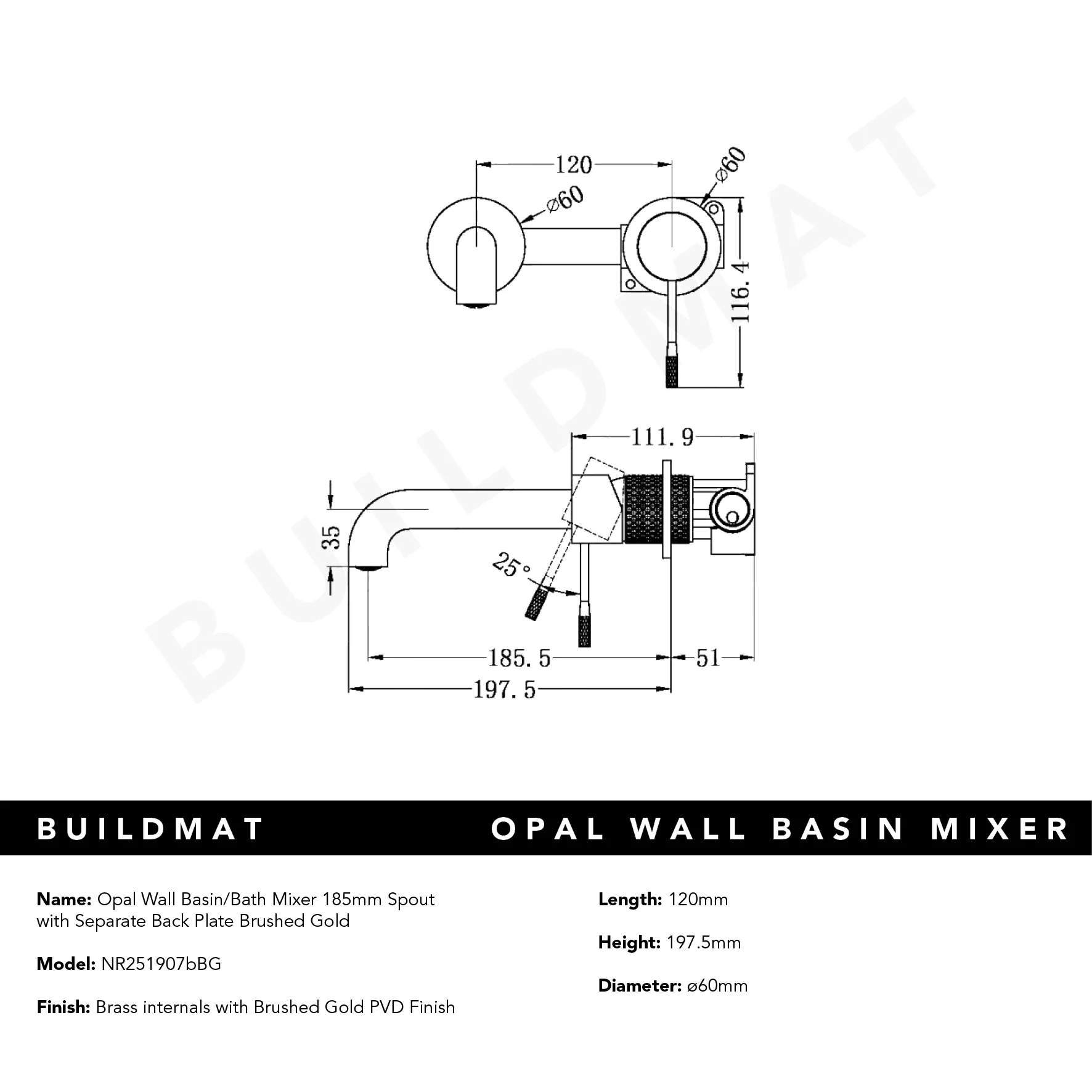 Nero Opal Wall Basin/Bath Mixer 185mm Spout With Separate Back Plate Brushed Gold - Image 4