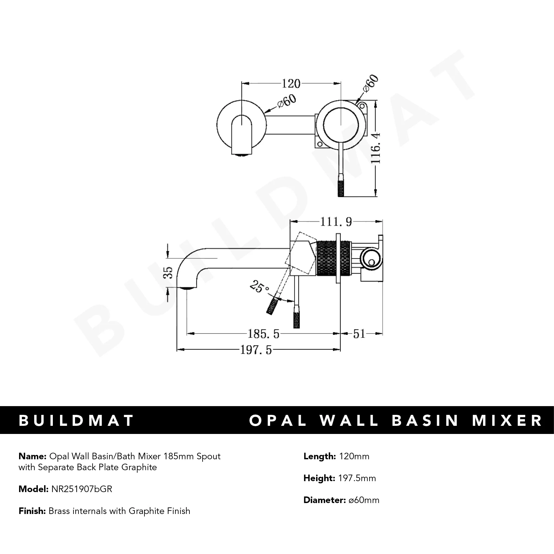 Nero Opal Wall Basin/Bath Mixer 185mm Spout With Separate Back Plate Graphite - Image 4