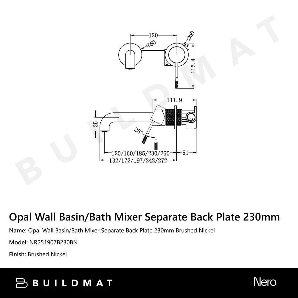Nero Opal Wall Basin/Bath Mixer Separate Back Plate 230mm Brushed Nickel - Image 4