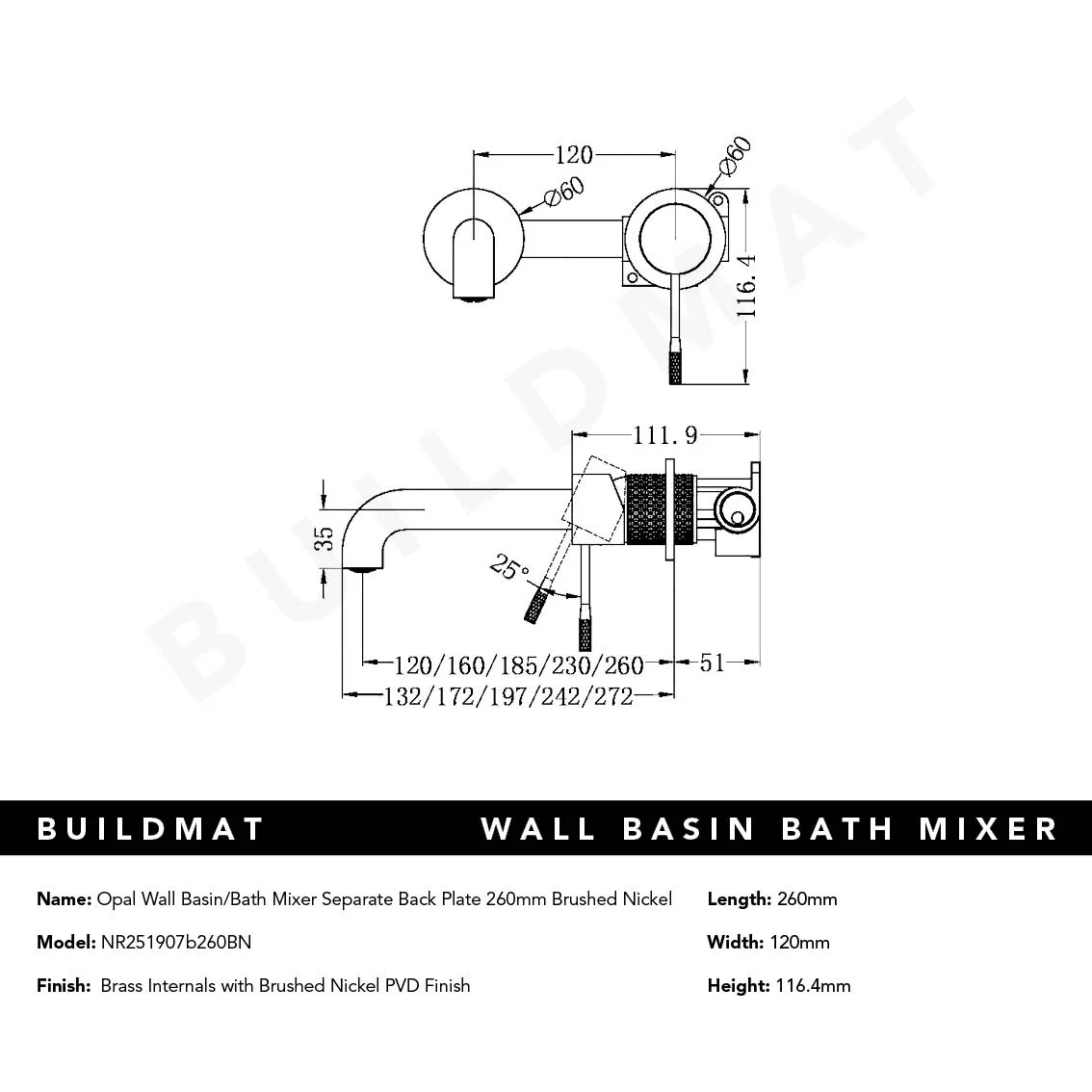 Nero Opal Wall Basin/Bath Mixer Separate Black Plate 260mm Spout Brushed Nickel - Image 4