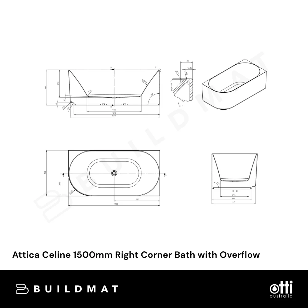Otti Attica Celine 1500mm Right Corner Bath with Overflow Gloss White - Image 5