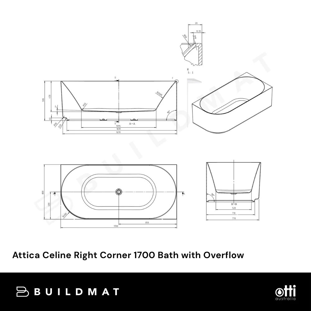 Otti Attica Celine 1700mm Right Corner Bath with Overflow Gloss White - Image 4