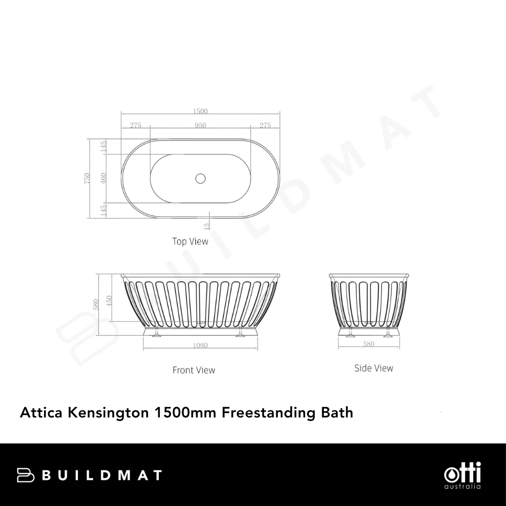 Otti Attica Kensington 1500mm Freestanding Bath Gloss White - Image 4