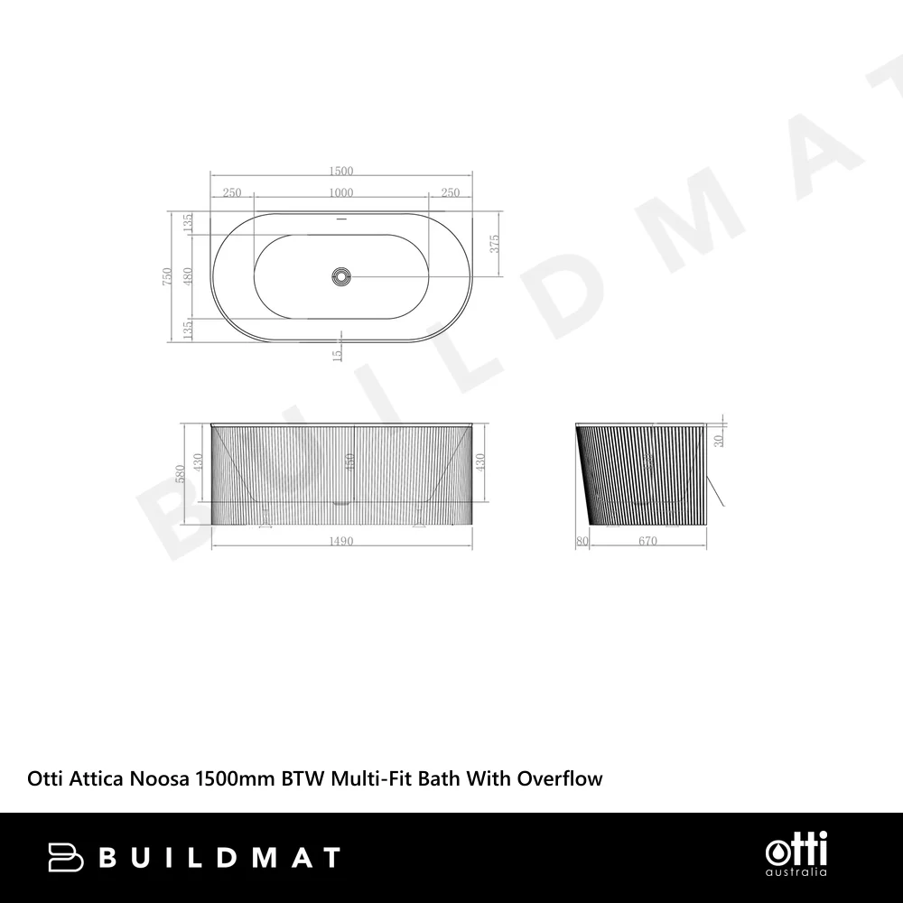 Otti Attica Noosa 1500mm BTW Multi-Fit Bath with Overflow Matte White - Image 4