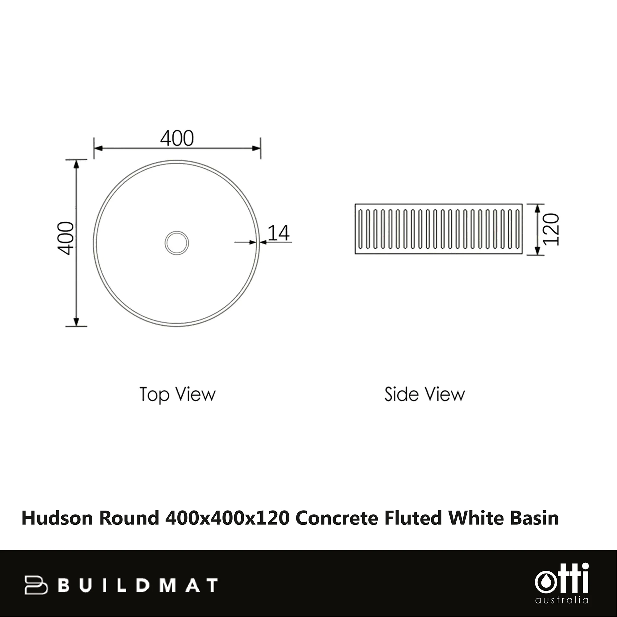 Otti Hudson Round 400x400x120 Concrete Fluted White Basin - Image 7