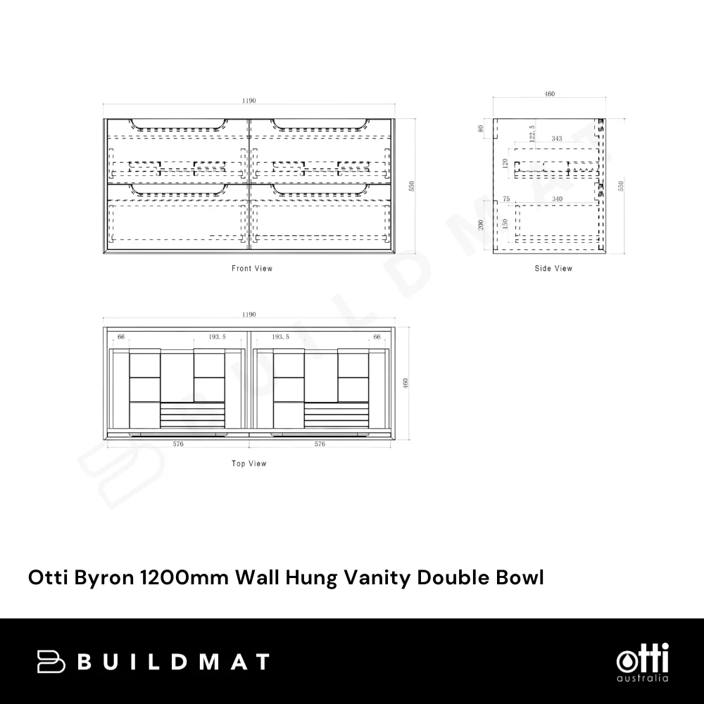 Otti Byron 1200mm Black Oak Wall Hung Vanity Double Bowl - Image 4