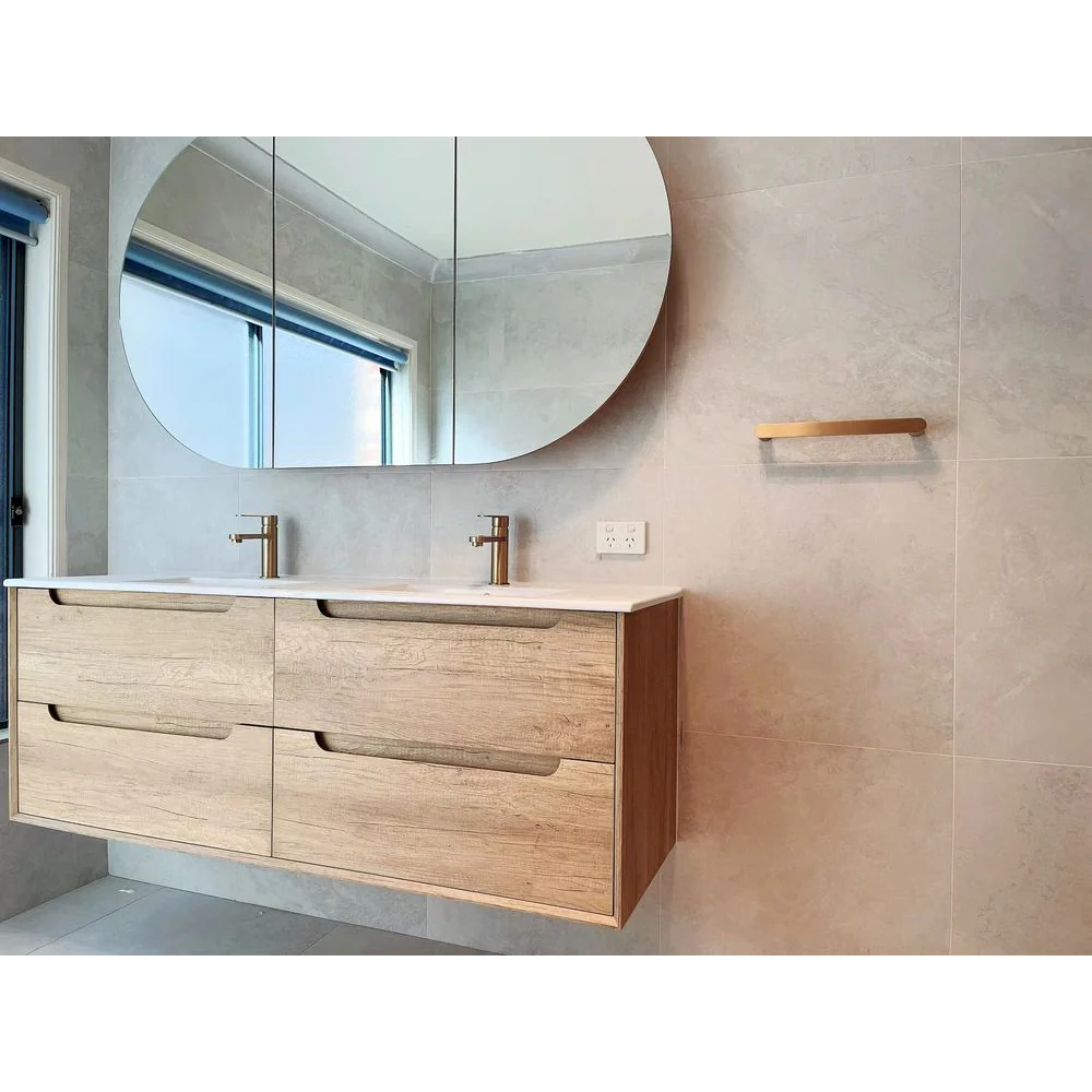Otti Byron 1200mm Natural Oak Wall Hung Vanity with Natural Carrara Marble Top and Double Bowl Undermount Basin - Image 2