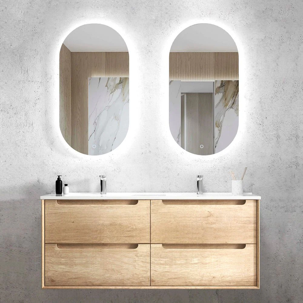 Otti Byron 1200mm Natural Oak Wall Hung Vanity with Natural Carrara Marble Top and Double Bowl Undermount Basin - Image 3