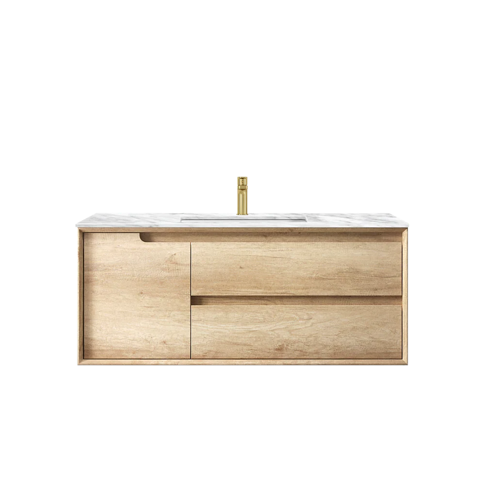 Otti Byron 1200mm Natural Oak Wall Hung Vanity with Natural Carrara Marble Top and Undermount Basin - Image 7