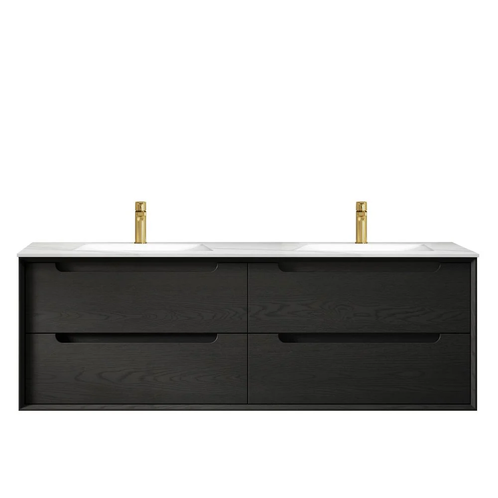 Otti Byron 1500mm Black Oak Wall Hung Vanity with Natural Carrara Marble Top and Double Bowl Undermount Basin - Image 3