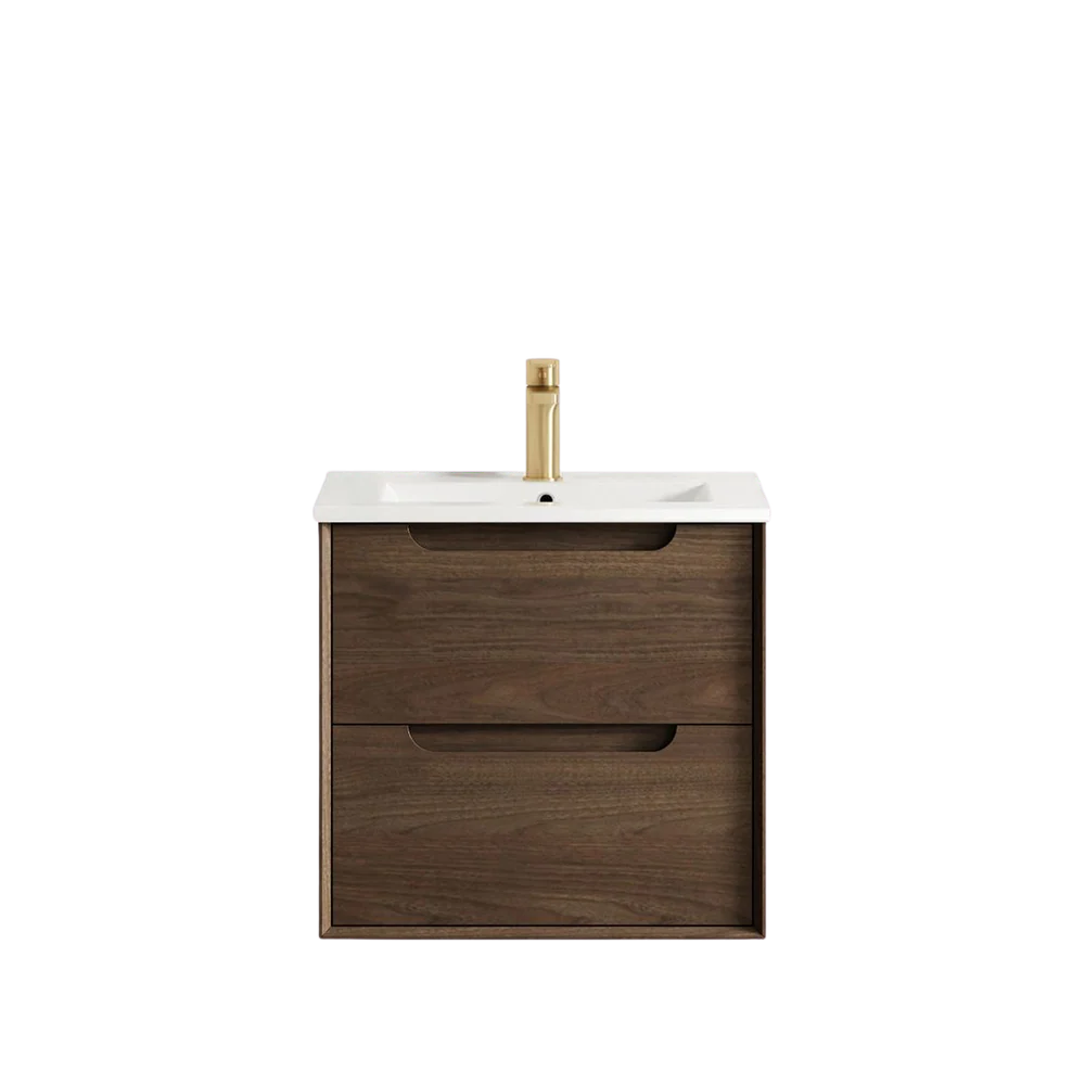 Otti Byron 600mm Sable Walnut Wall Hung Vanity with Undermount Natural Carrara Marble Top - Image 2