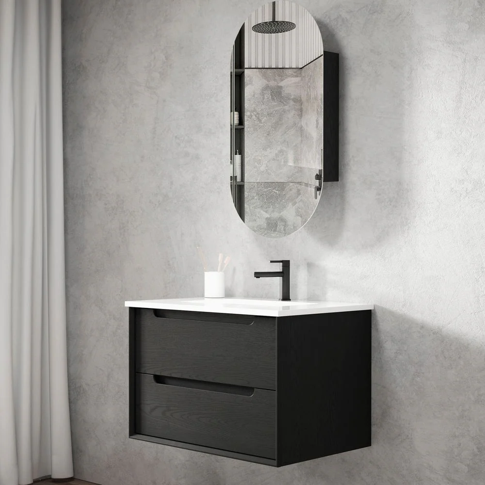Otti Byron 750mm Black Oak Wall Hung Vanity with Natural Carrara Marble Top and Undermount Basin - Image 2