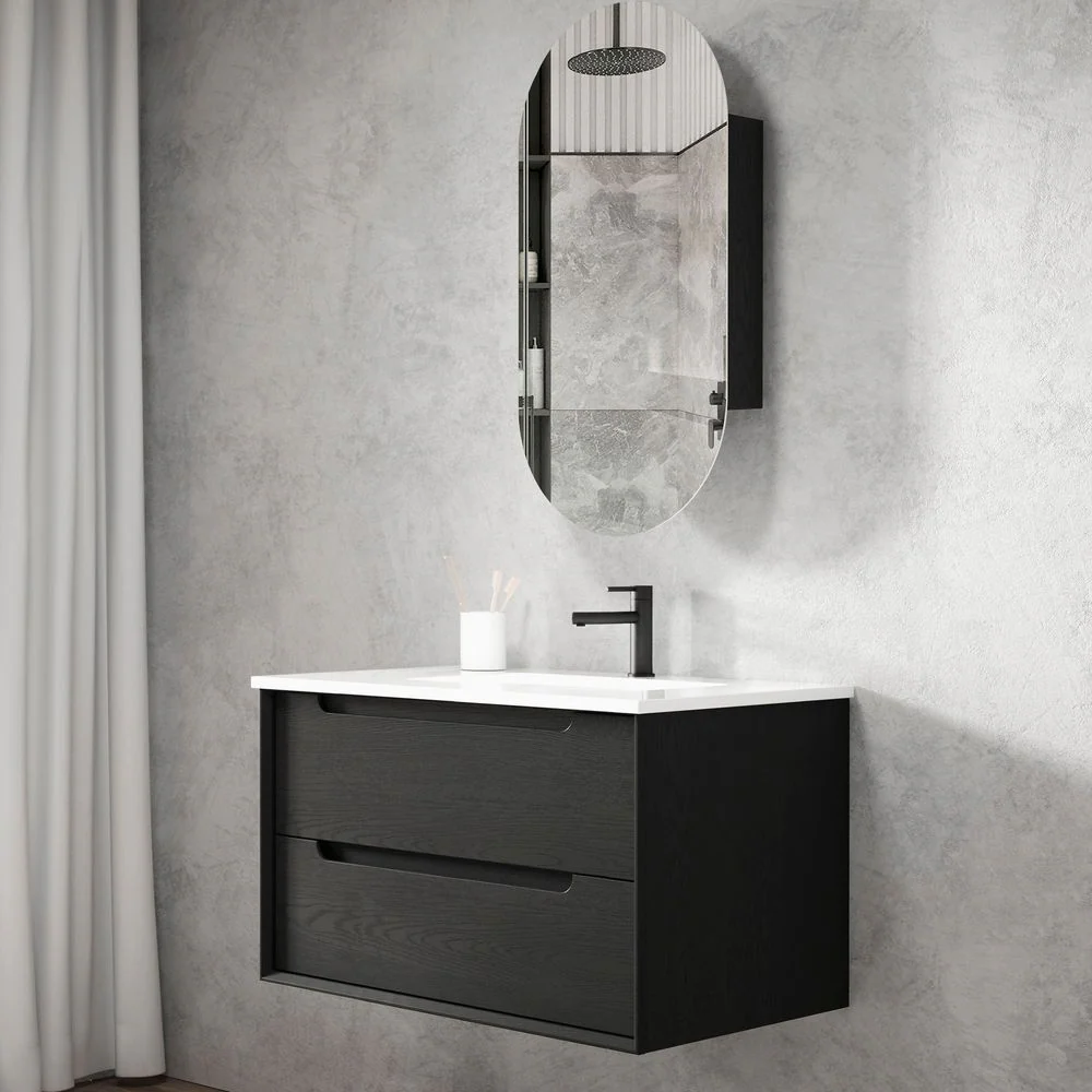 Otti Byron 900mm Black Oak Wall Hung Vanity with Natural Carrara Marble Top and Undermount Basin - Image 2