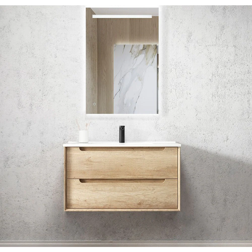 Otti Byron 900mm Natural Oak Wall Hung Vanity with Natural Carrara Marble Top and Undermount Basin - Image 3