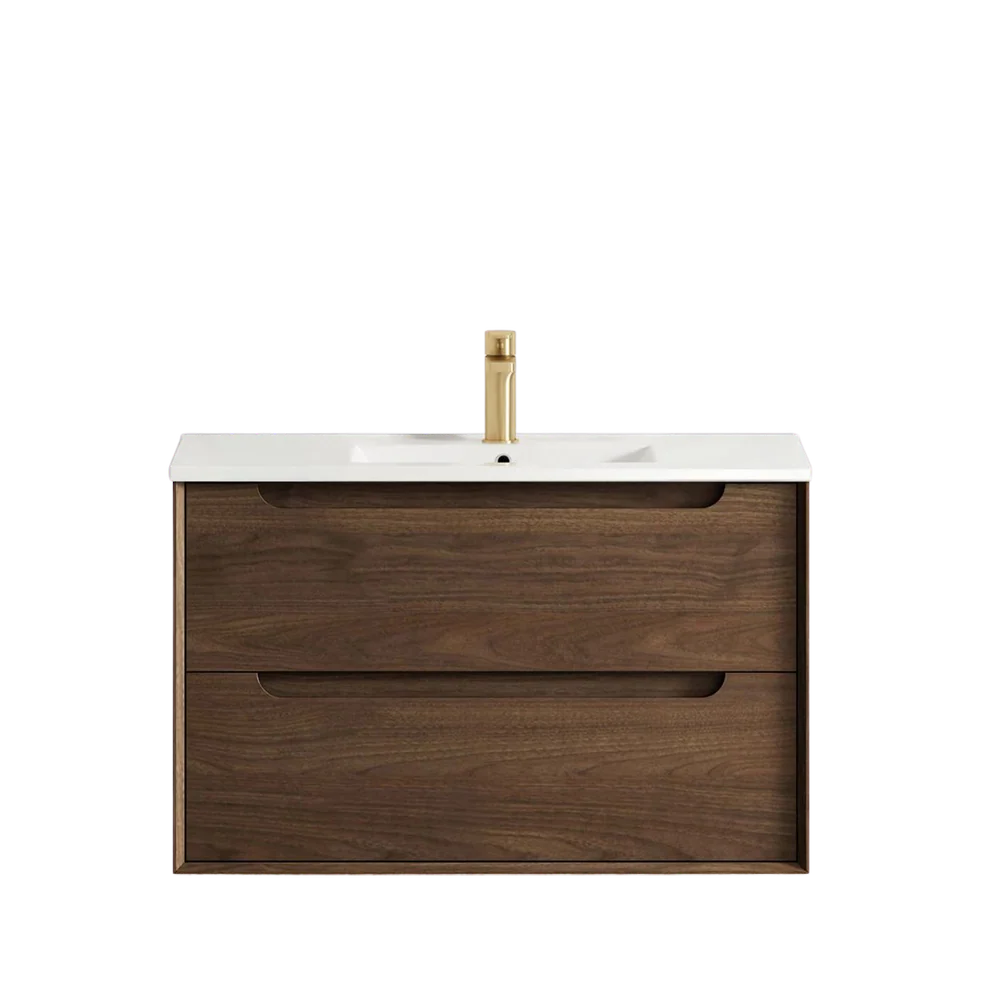 Otti Byron 900mm Sable Walnut Wall Hung Vanity with Undermount Natural Carrara Marble Top - Image 3