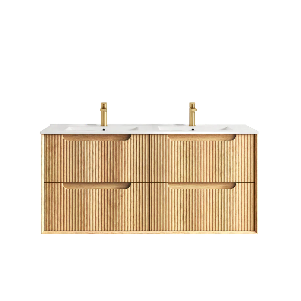 Otti Byron Fluted 1200mm Woodland Oak Wall Hung Vanity with Four Drawers and Natural Carrara Top and Undermount Basin - Image 2