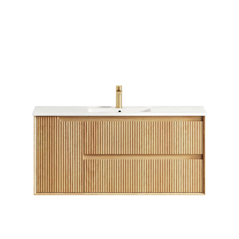 Otti Byron Fluted 1200mm Woodland Oak Wall Hung Vanity with Natural Carrara Top and Undermount Basin - Image 3