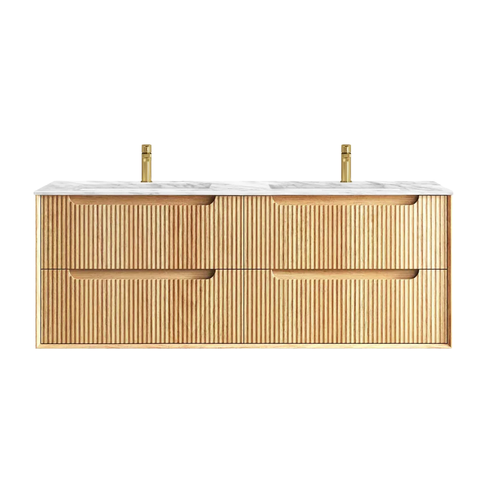 Otti Byron Fluted 1500mm Woodland Oak Wall Hung Vanity with Natural Carrara Top and Undermount Basin - Image 2