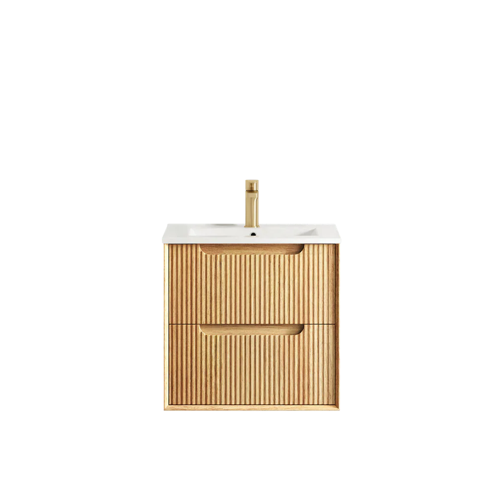 Otti Byron Fluted 600mm Woodland Oak Wall Hung Vanity with Natural Carrara Top and Undermount Basin