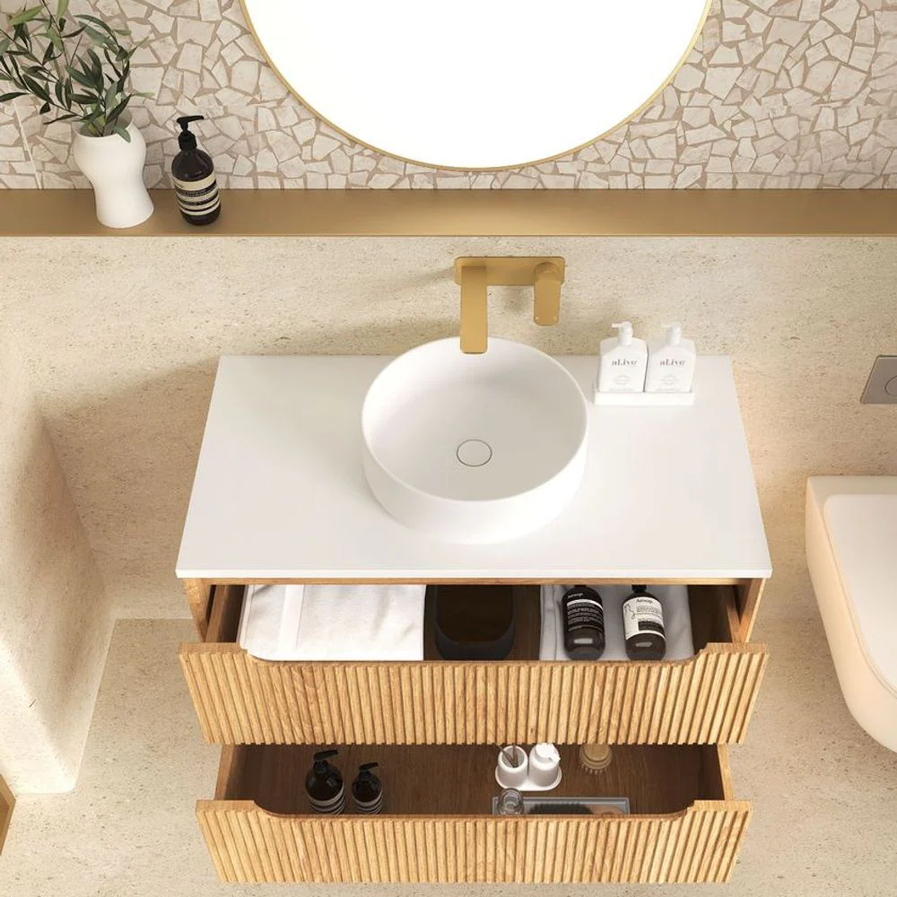Otti Byron Fluted 900mm Woodland Oak Wall Hung Vanity - Image 5