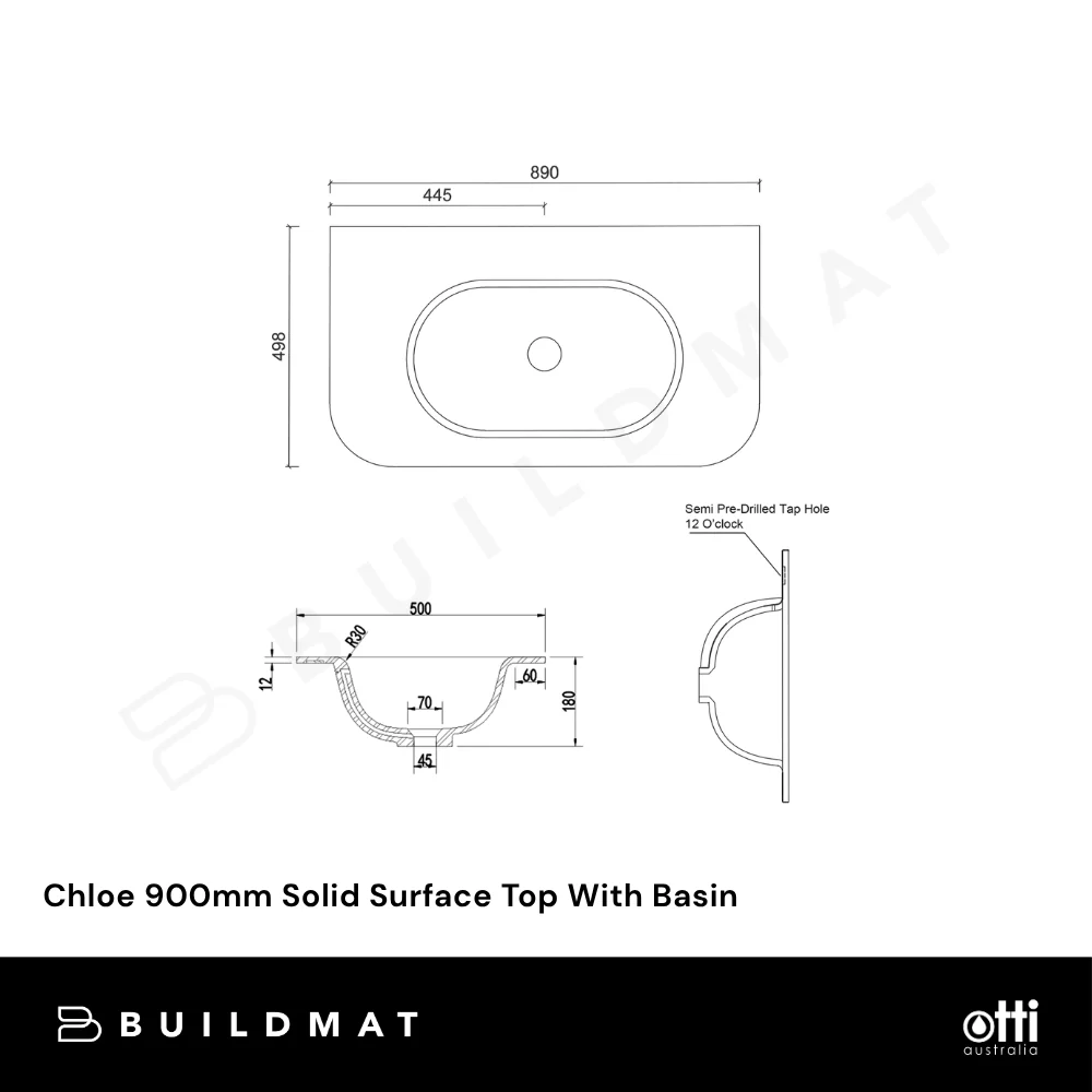 Otti Chloe 900mm Solid Surface Silk Matte White Top With Basin - Image 4