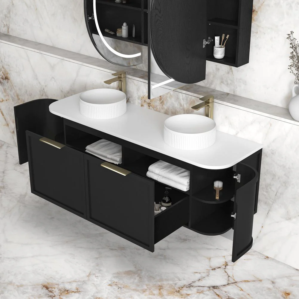 Otti Hampshire 1500mm Satin Black Wall Hung Double Bowl Curve Vanity - Image 3