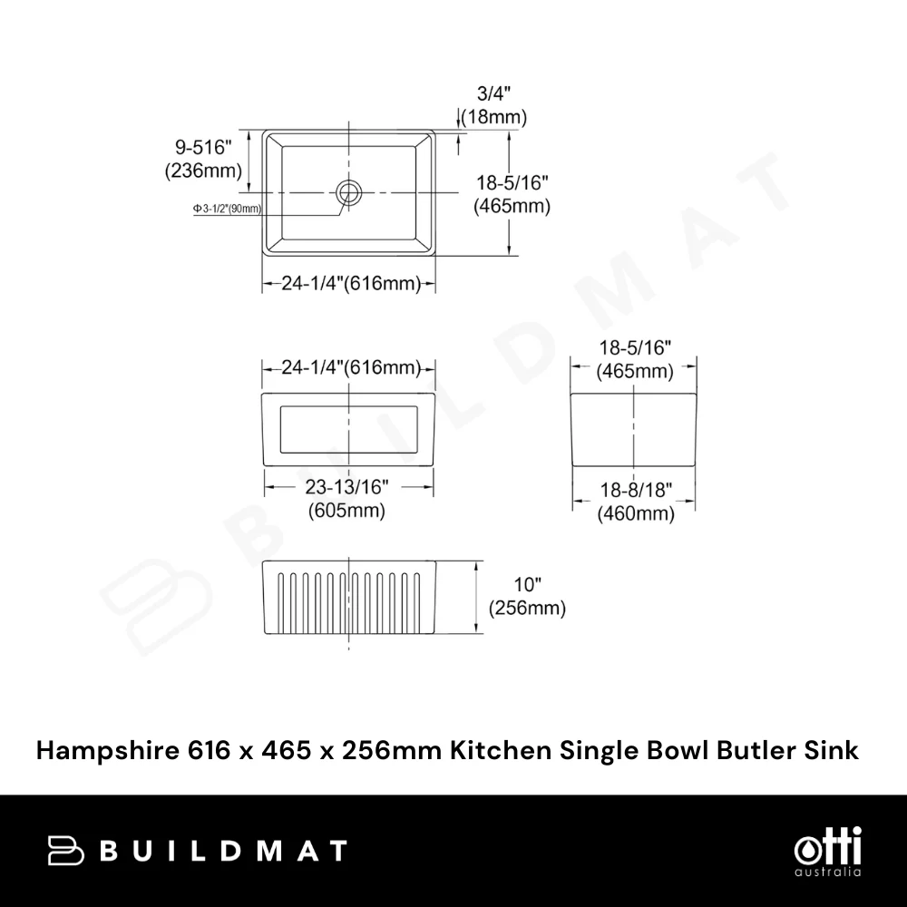 Otti Hampshire 616 x 465 x 256mm Kitchen Single Bowl Butler Sink White - Image 8