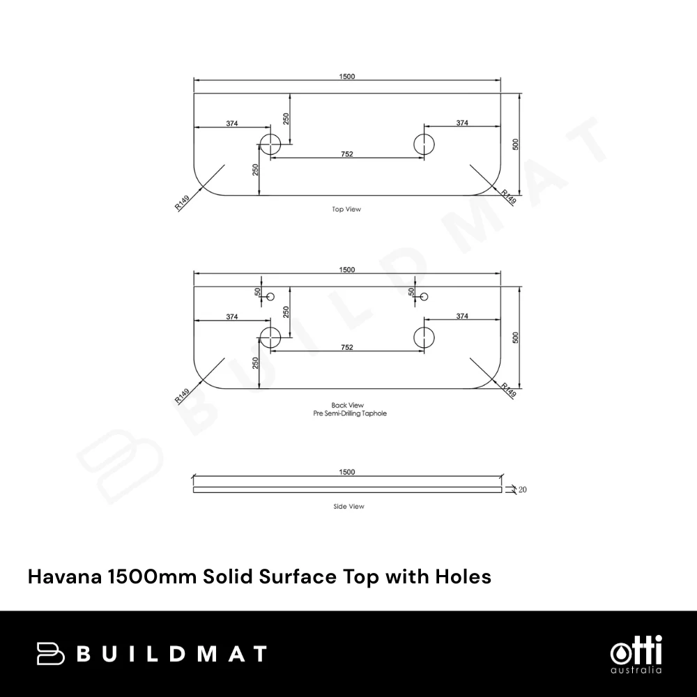 Otti Havana 1500mm Solid Surface Top with Holes Cloudy Carrara - Image 4