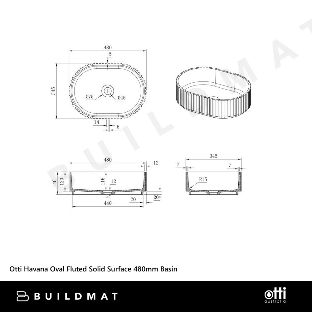 Otti Havana Oval Fluted Solid Surface Basin 480mm Matte White - Image 4