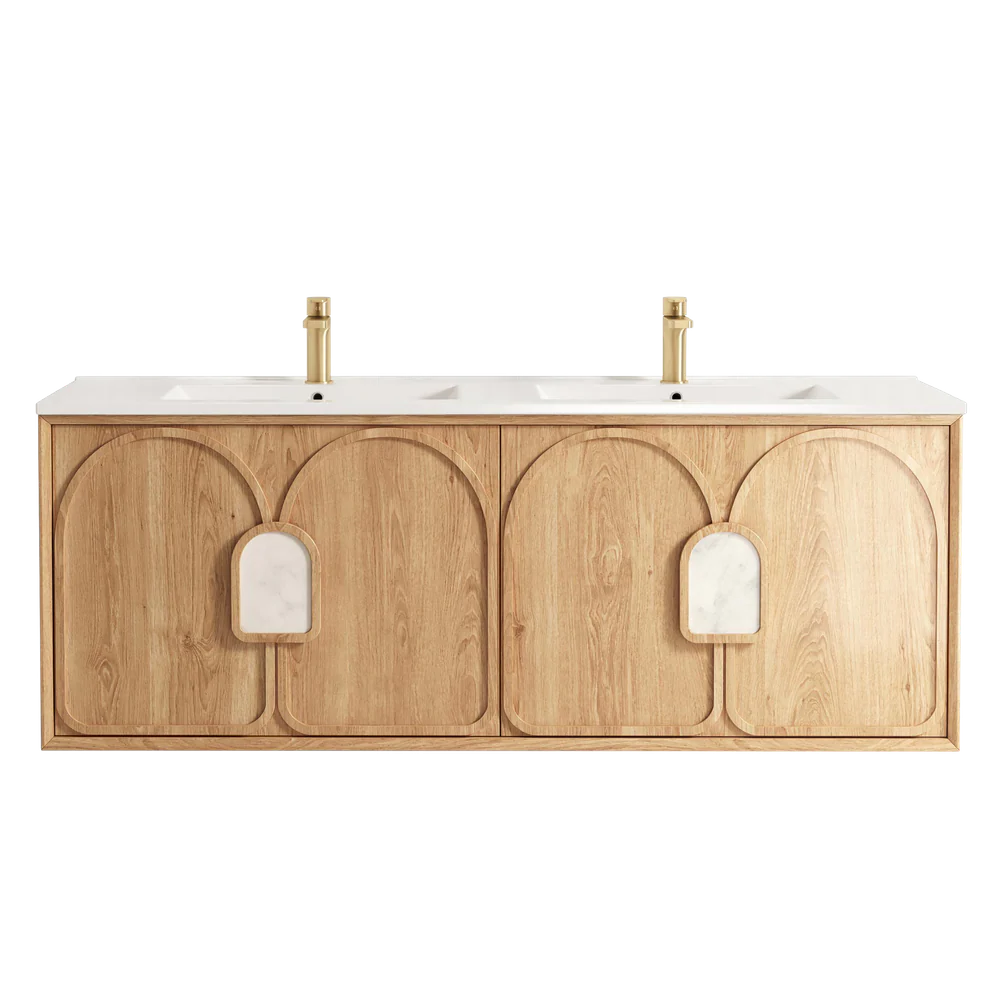 Otti Laguna Mark II 1500mm Woodland Oak Wall Hung Vanity with Natural Carrara Top and Undermount Basin
