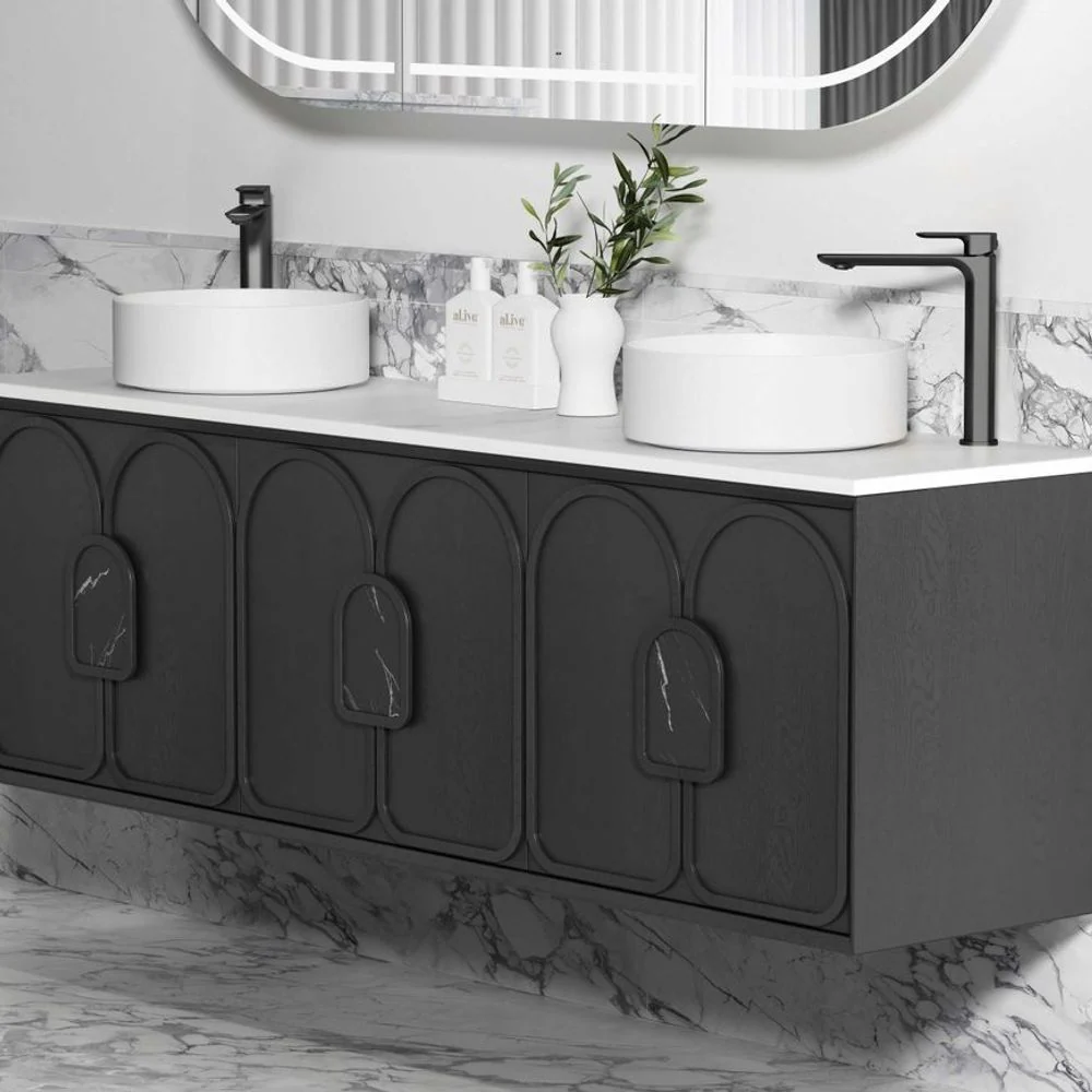 Otti Laguna Mark II 1800mm Black Oak Wall Hung Vanity with Natural Carrara Top and Undermount Basin - Image 2