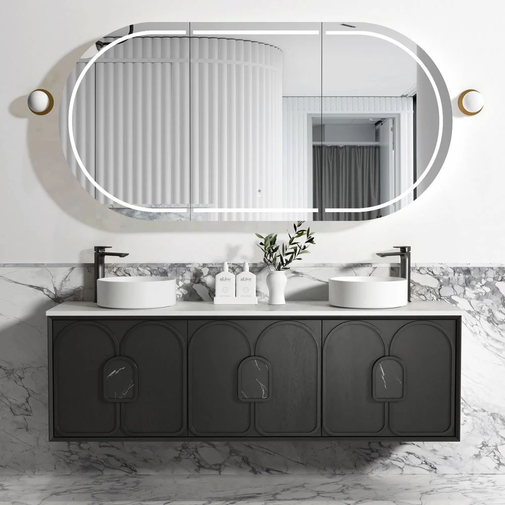 Otti Laguna Mark II 1800mm Black Oak Wall Hung Vanity with Natural Carrara Top and Undermount Basin - Image 3