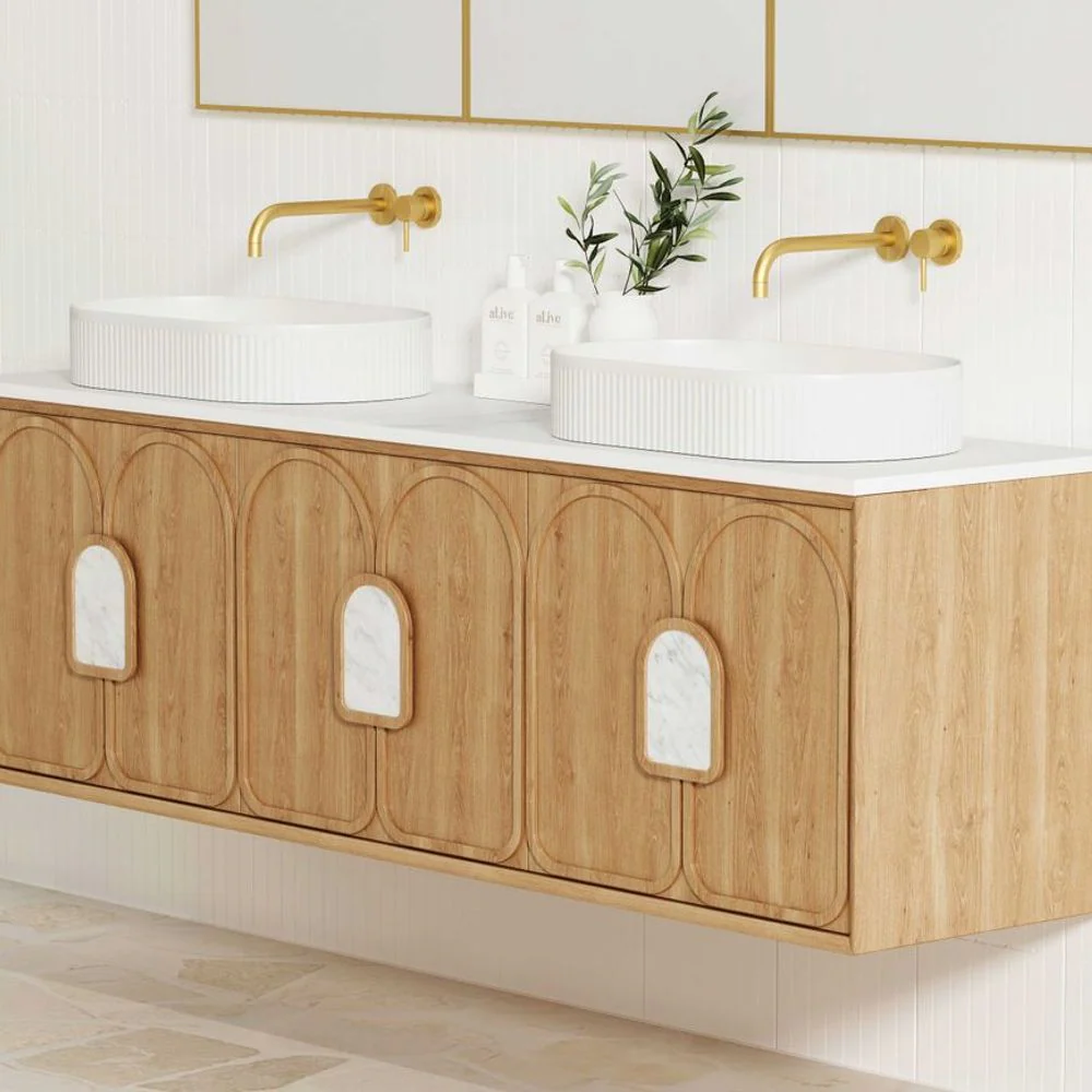 Otti Laguna Mark II 1800mm Woodland Oak Wall Hung Vanity with Natural Carrara Top and Undermount Basin - Image 2