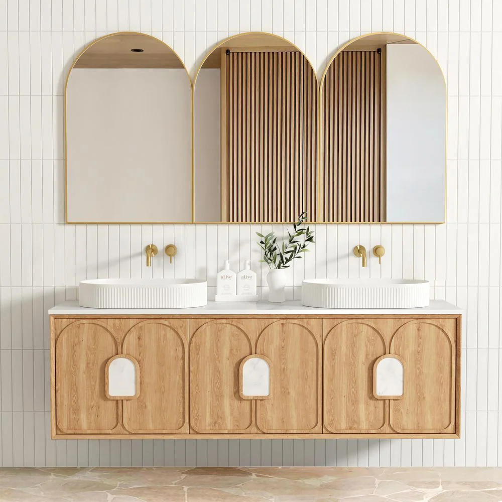 Otti Laguna Mark II 1800mm Woodland Oak Wall Hung Vanity with Natural Carrara Top and Undermount Basin - Image 3