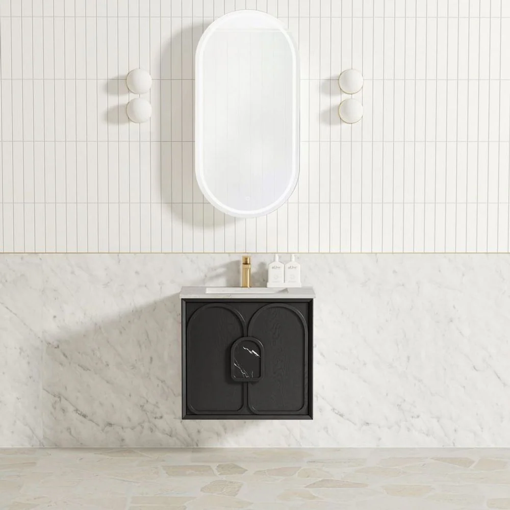 Otti Laguna Mark II 600mm Black Oak Wall Hung Vanity with Natural Carrara Top and Undermount Basin - Image 3