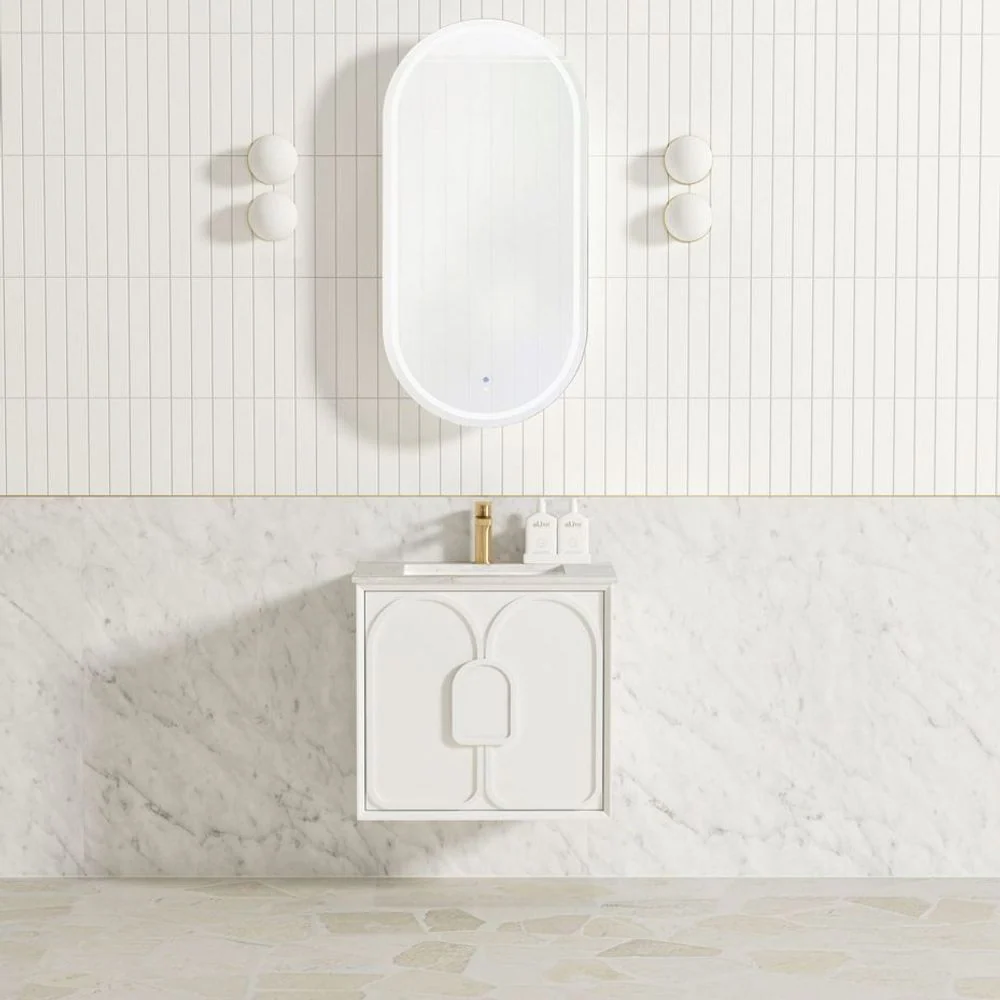 Otti Laguna Mark II 600mm Matte White Wall Hung Vanity with Natural Carrara Top and Undermount Basin