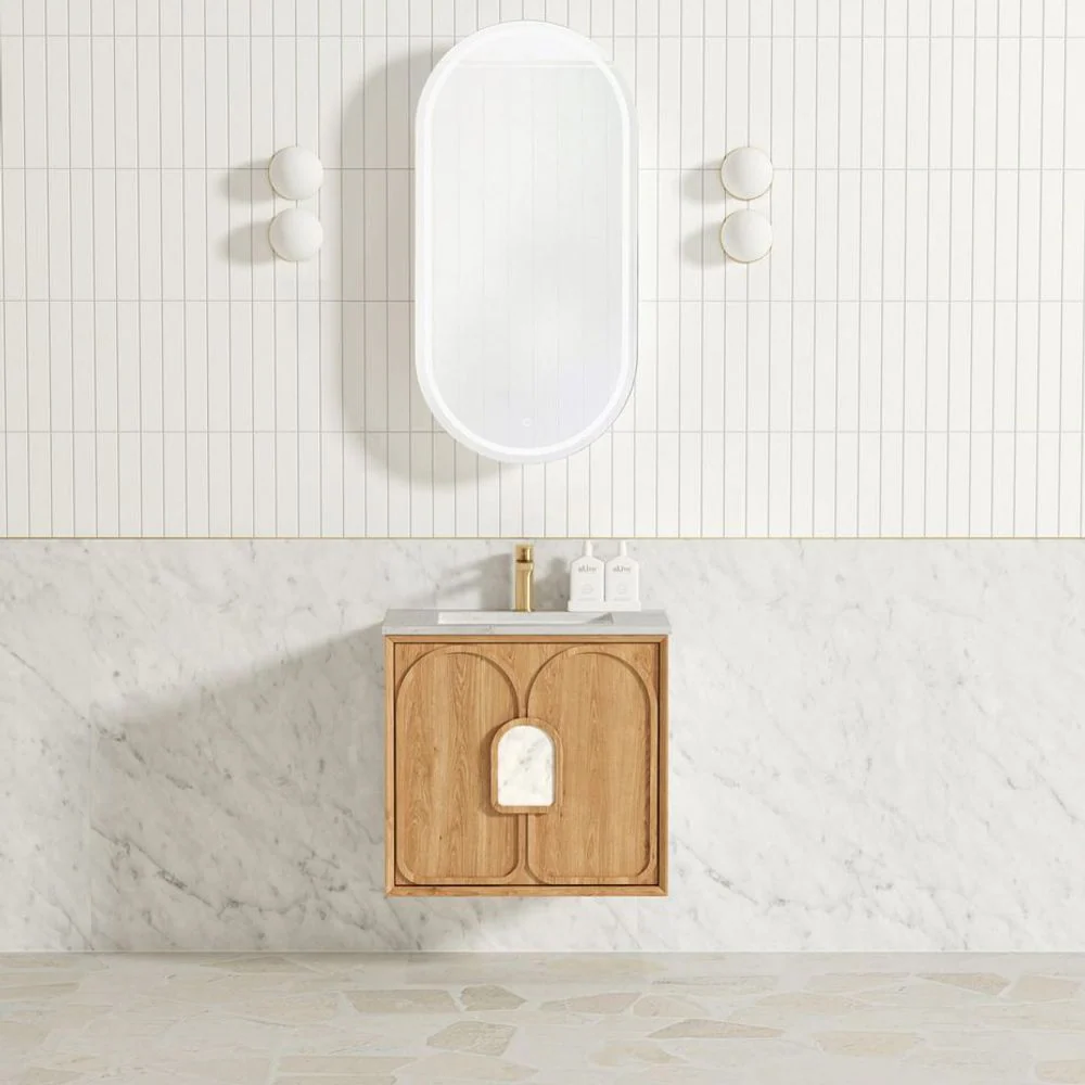 Otti Laguna Mark II 600mm Woodland Oak Wall Hung Vanity with Natural Carrara Top and Undermount Basin