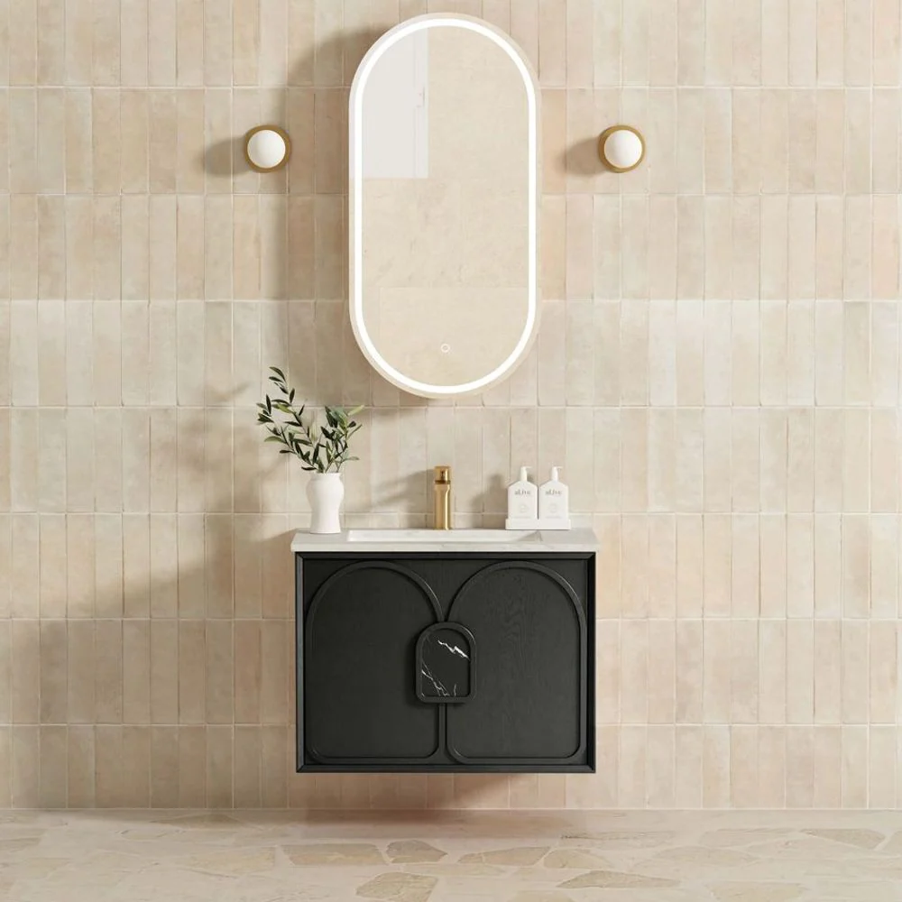 Otti Laguna Mark II 750mm Black Oak Wall Hung Vanity with Natural Carrara Top and Undermount Basin - Image 2