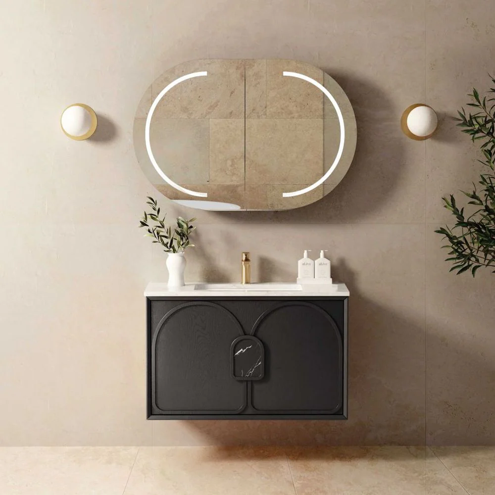 Otti Laguna Mark II 900mm Black Oak Wall Hung Vanity with Natural Carrara Top and Undermount Basin - Image 3