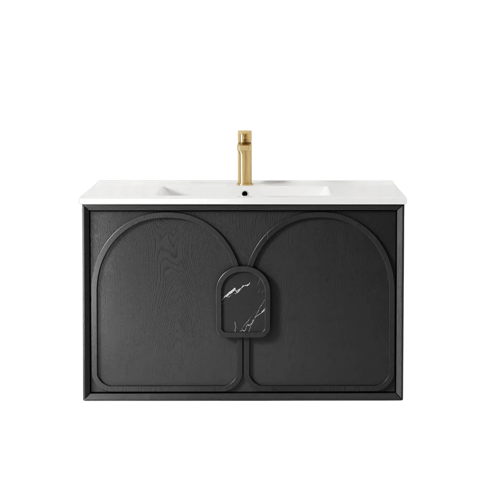 Otti Laguna Mark II 900mm Black Oak Wall Hung Vanity with Natural Carrara Top and Undermount Basin - Image 4