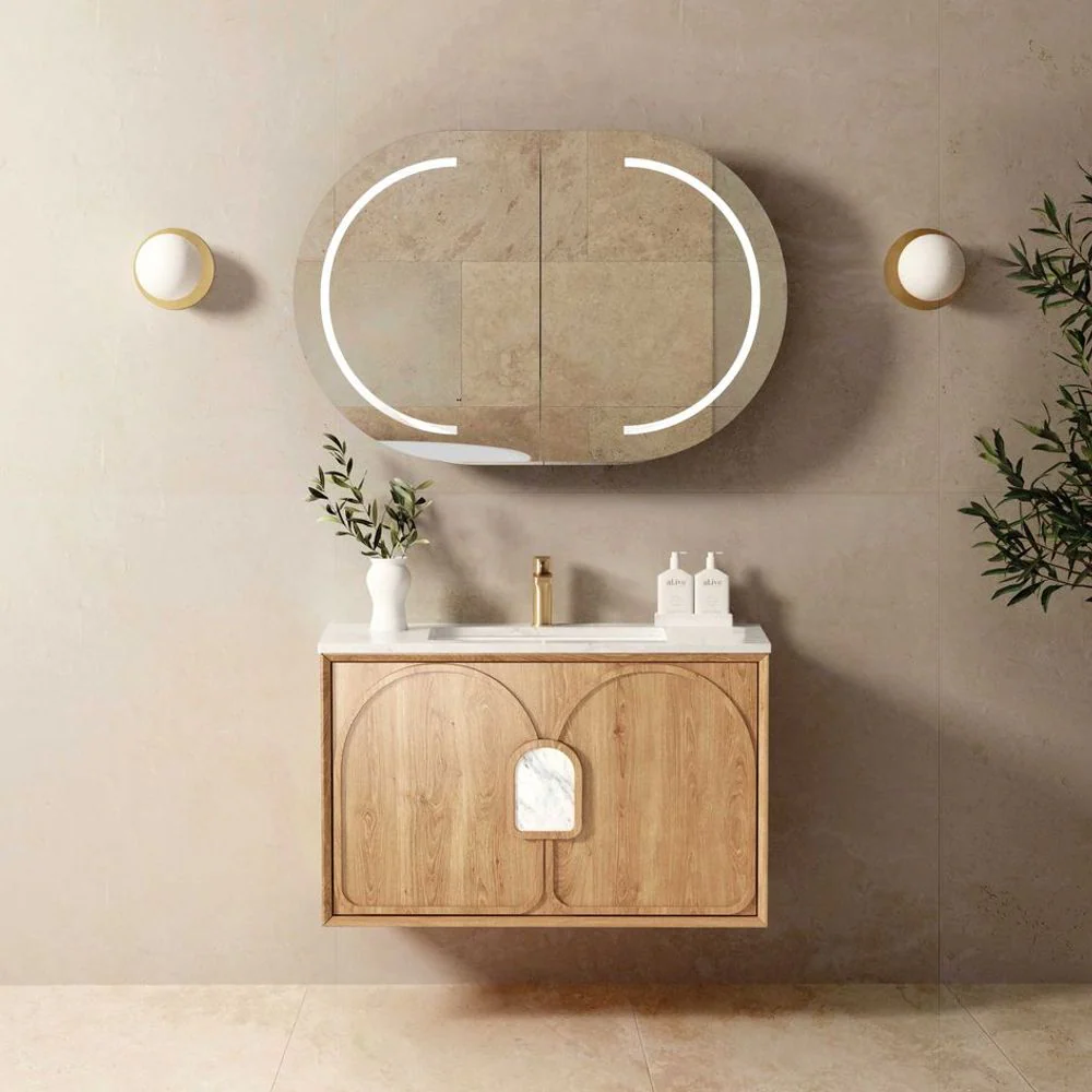 Otti Laguna Mark II 900mm Woodland Oak Wall Hung Vanity with Natural Carrara Top and Undermount Basin - Image 3