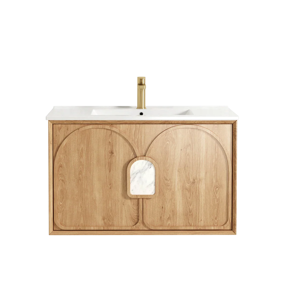 Otti Laguna Mark II 900mm Woodland Oak Wall Hung Vanity with Natural Carrara Top and Undermount Basin - Image 4