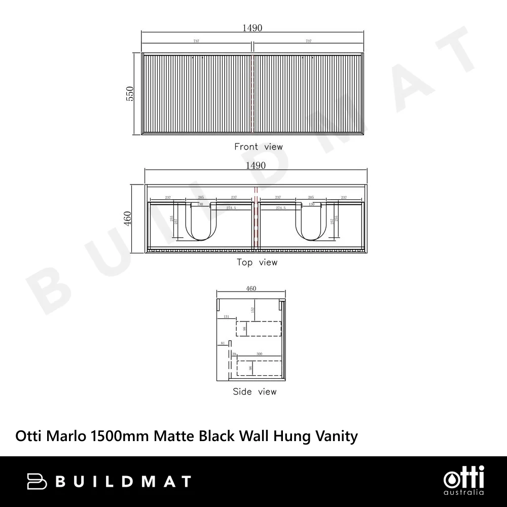 Otti Marlo 1500mm Matte Black Wall Hung Vanity with Natural Carrara Marble Top and Double Bowl Undermount Basin - Image 5